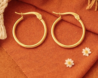 20mm Golden Hoop Earrings | 18K Gold Plated Hypoallergenic Stainless Steel Earrings | Original Bohemian Modern Earrings | Small Hoops