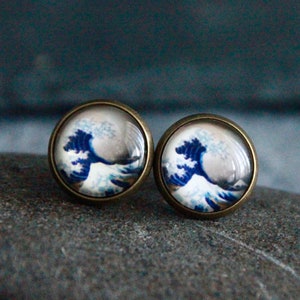 Ocean Waves Cabochon Earrings | Hokusai Great Wave | Japanese Style Earrings | Blue and Bronze Earrings | Original Bohemian Ethnic Jewelry
