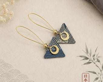 Blue and Gold Triangle Earrings | Japanese Paper Metal Charm Earrings | Minimalist Earrings | Unique Artisan Jewelry | Statement Earrings