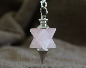 Merkaba Star Rose Quartz Pendulum | Dowsing Pendulum Pendant | 44x17mm | 23.5cm long chain with clasp | Gemstone Crystal Divining Pendulum