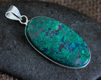 Chrysocolla Azurite Pendant | 54x22mm | Natural Stone Sterling Silver | Natural Gemstone | Crystal Healing Pendant | Organic Stone Jewelry