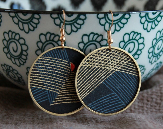Featured listing image: Modern Hoops | Japanese Paper Earrings | Round Earrings | Metal Earrings | Artisan Jewelry-Elegant Statement Earrings | Blue Gold Earrings