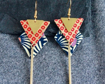 Japanese Style Earrings | Elegant Long Japanese Paper on Metal Charm Earrings | Blue Red Gold Statement Earrings | Unique Artisan Jewelry