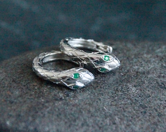 Silver Snake Hoop Earrings | 17mm x 5.5mm | Platinum | Green Cubic Zirconia | Original Round Hinged Huggies | Ear Stack | Minimalist Hoops