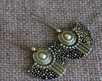 Original Half Moon Earrings | Japanese Paper Earrings | Black Gold Boho Metal Charm Earrings | Unique Artisan Jewelry | Statement Earrings