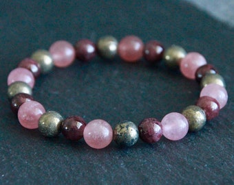 Strawberry Quartz Garnet Pyrite Bracelet | POSITIVITY/ANXIETY/PROTECTION/Vitality | Natural Gemstone Bracelet | Organic Statement Bracelet