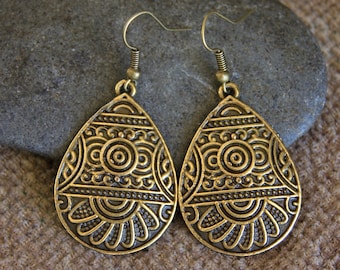 Bronze Earrings | Antique Bronze or Copper | Hammered Metal Earrings | Yoga Bohemian Ethnic Jewellery | Original Large Dangle Earrings