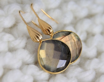 Labradorite Teardrop Earrings | 35mm long | Gemstone Gold Earrings | Dainty Minimalist Drop Earrings | Exquisite Elegant Statement Jewelry