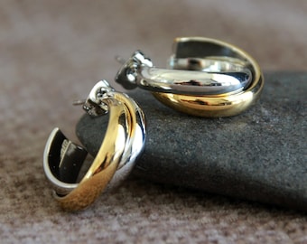 Two Tone Stud Hoops | 26mm | Gold Silver Round Half Hoops | Stainless Steel Hypoallergenic | Boho Elegant Unique Occasion Earrings