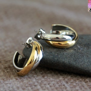 Two Tone Stud Hoops | 26mm | Gold Silver Round Half Hoops | Stainless Steel Hypoallergenic | Boho Elegant Unique Occasion Earrings
