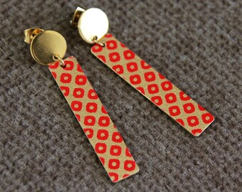 Red and Gold Bar Earrings | Japanese Paper on Metal Charm Earrings | Minimalist Long Earrings | Elegant Statement Earrings | Unique Jewelry