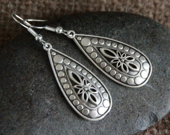Silver Teardrop Earrings | Antique Silver | Flower Metal Dangle Earrings | Yoga Bohemian Ethnic Jewelry | 50mm | Pretty Statement Earrings
