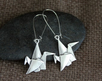 Origami Crane Earrings | Antique Silver Metal Earrings | Original Handcrafted Earrings | Long Earrings | Japanese Bird Ethnic Rustic Jewelry