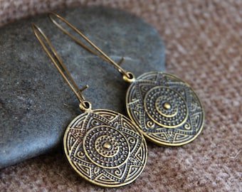 Boho Bronze Earrings | Antique Bronze Earrings | Hammered Embossed Bronze Charm Dangle Earrings | Metal Rustic Earrings | Ethnic Jewellery