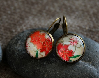 Flower Earrings-Japanese Paper Earrings-Sakura Blossom-Golden Red Orange Earring-Unique Artisan Jewelry-Elegant Statement Lever back Earring