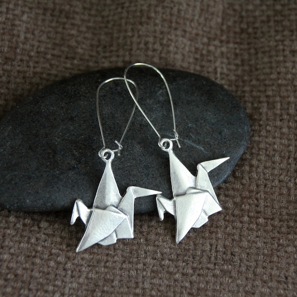 Origami Crane Earrings | Antique Silver Metal Earrings | Original Handcrafted Earrings | Long Earrings | Japanese Bird Ethnic Rustic Jewelry