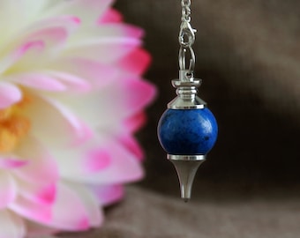 Lapis Lazuli Pendulum-Dowsing Pendulum Pendant-41x18mm-23cm long chain with clasp-Silver Pendulum-Natural Gemstone Crystal Divining Pendulum