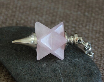 Merkaba Star Rose Quartz Pendulum-Dowsing Pendulum Pendant-44x17mm-23.5cm long chain with clasp-Natural Gemstone Crystal Divining Pendulum