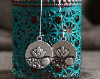 Lotus Flower Earrings-Antique Silver Metal Earrings-3 styles Short or Long Dangle Earrings-Boho Ethnic Original Jewellery-Charm Earrings