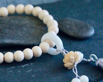 Pocket Mala | Natural Wood | 27 bead Buddhist Prayer Beads | Carved Lotus Flower and Tassel  | Mantra Recitation Yoga Meditation