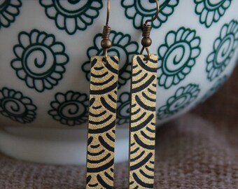 Elegant Bar Earrings | Japanese Paper on Metal Charm Earrings | Boho Long Rectangle Earrings | Black Gold Earrings | Unique Handmade Jewelry