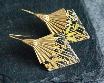 Golden Leaves Earrings | Japanese Paper on Metal Charm | Unique Statement Elegant Earrings | Original Handmade Crafted Artisanal Jewelry