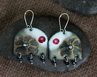 ONLY ONE | Boho Flower Earrings | Handmade Enamel Charm | Original Artisanal Handcrafted Enamel on Copper | White Grey Boho Earrings