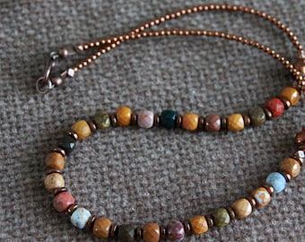 OCEAN JASPER Necklace | Choker | 17" 43cm | Boho Beaded Necklace | Short Necklace | Statement Necklace | Original Stone and Copper Jewelry