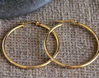 50mm Large Golden Hoops | 18K Gold Plated Hypoallergenic Stainless Steel Earrings | Original Bohemian Modern Gold Hoops | Medium Hoops