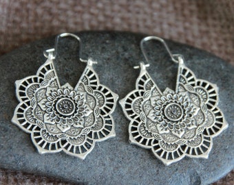 Silver Flower Hoops | Flower Brass Earrings | Hammered Hoops | Indian Hoops | Hippie Boho Ethnic Tribal Festival Jewelry | Mandala Earrings