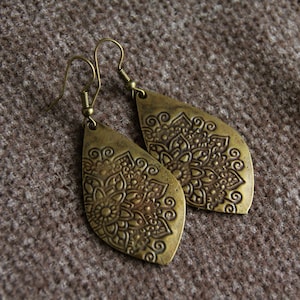 Bronze Boho Flower Earrings | Antique Bronze | Embossed Hammered Brass Dangle Earrings | Ethnic Jewelry | Original Statement Metal Earrings
