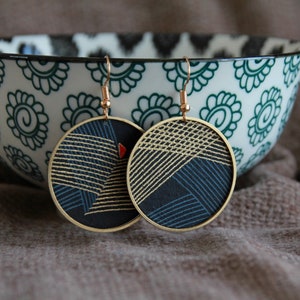 Modern Hoops-Japanese Paper Earrings-Round Earrings-Metal Earrings-Unique Artisan Jewelry-Elegant Statement Earrings-Blue and Gold Earrings