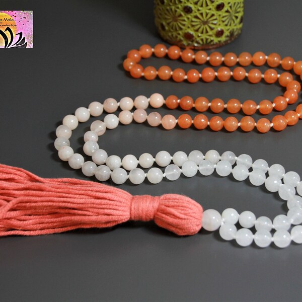 Aventurine and Jade Mala Beads-Red and Pink Aventurine White Jade Handknotted 108 Mala Beads-Tassel Necklace-Yoga Hippie Gemstone Jewelry