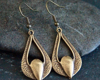 Bronze Arabesque Earrings | Antique Bronze | Metal Charm Dangle Earrings | Bohemian Ethnic Jewelry | 50mm | Original Dainty Earrings