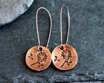 Dandelion Wish Copper Earrings | Antique Copper | Hammered Decorated Metal Charm Earrings | Original Ethnic Boho Rustic Handmade Jewelry
