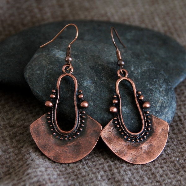 Original Copper Earrings-Antique Copper Earrings-Hammered Metal Dangle Earrings-Rustic Earrings-Yoga Bohemian Ethnic Jewelry-Unique Jewelry