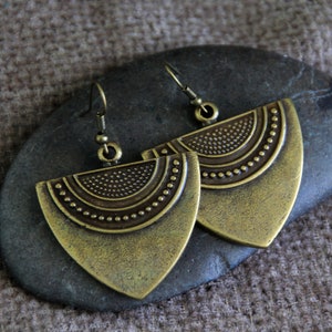 Original Bronze Earrings | Antique Bronze Earrings | Large Triangle Metal Charm Earrings | Rustic Boho Ethnic Jewelry |  Statement Earrings