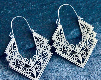 Bohemian Earrings | Large Hoop Earrings | Stainless Steel Laser Cut Earrings | Silver Metal Earrings | Original Jewelry | 50mm | Non Tarnish