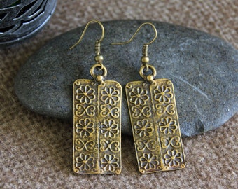 Original Bronze Earrings | Antique Bronze | Flower Decorated Charm | Hammered Metal Rustic Dangle Earrings | Bohemian Ethnic Jewellery