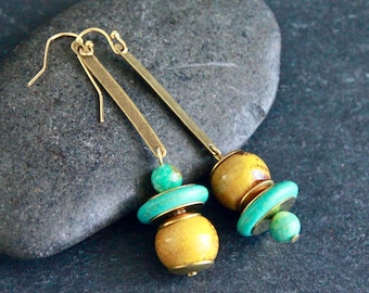 Bohemian Turquoise Earrings | Original Handmade Ceramic Earrings | Ethnic Statement Earrings | Long Asymmetrical Earrings | 65mm Long