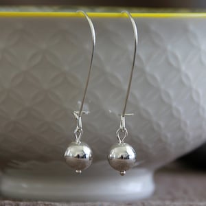 White Gold Earrings | White Gold Drops | 8mm | Small White Gold Ball Earrings on Long Silver Ear Wire | Minimalist Delicate Elegant Earrings