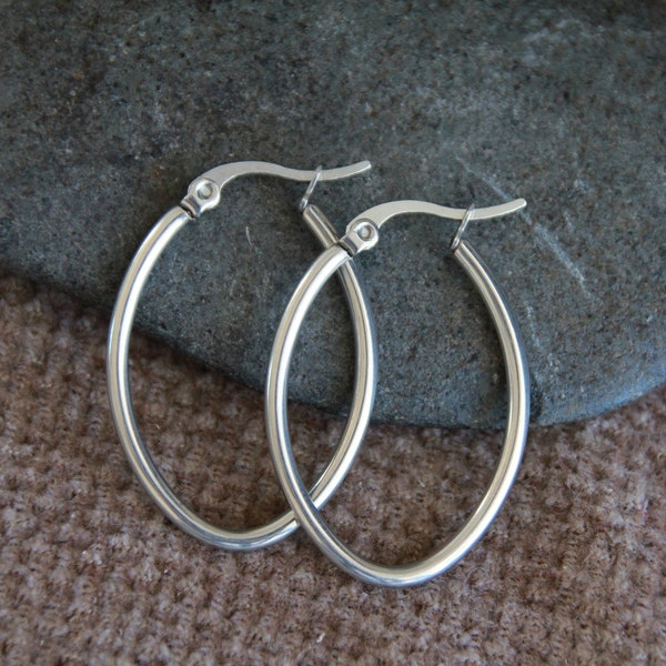 Oval Silver Hoop Earrings-33x22mm-Hypoallergenic Stainless Steel Earrings-33x22mm-Yoga Jewelry-Original Bohemian Chic Ethnic Tribal Earrings