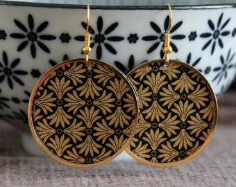 Statement Earrings | Japanese Paper Earrings | Black and Gold Round Metal Charm Earrings | Unique Artisan Jewelry | Elegant Modern Earrings
