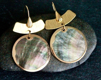 Black Mother of Pearl Earrings | Boho Statement Earrings | Original Dangle Earrings | Brass Metal Charm Earrings | Unique Handmade Jewellery