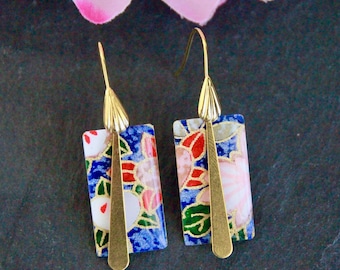 Original Flower Earrings | Japanese Paper on Metal Charm Earrings | Unique Handmade Jewelry | Elegant Statement Earrings