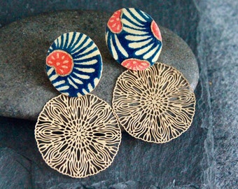 Original Statement Earrings | Japanese Paper Studs | Metal Charm Earrings | Blue Red Gold Bohemian Earrings | Unique Handmade Jewelry