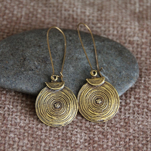 Original Boho Bronze Earrings-Antique Bronze-Hammered Embossed Bronze Charm Dangle Earrings-Metal Earrings-Ethnic Jewelry-Rustic Earrings