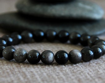 Silver Sheen Obsidian | 6, 8, 10mm | TRUTH | Mental Stress | PATIENCE | Protection | Root Chakra | Black Stretchy Stone Bracelet | Unisex