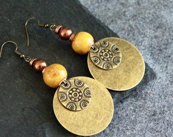 Boho Bronze Charm Earrings | Large Dangle Earrings | Ethnic Metal Charm Earrings | Bohemian Rustic Jewellery | Bold Statement Earrings