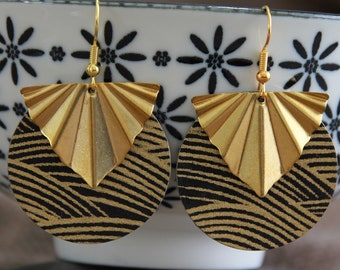 Japanese Paper Earrings | Black Gold Earrings | Waves Boho Metal Charm Earrings | Unique Artisanal Handmade Jewelry | Statement Earrings